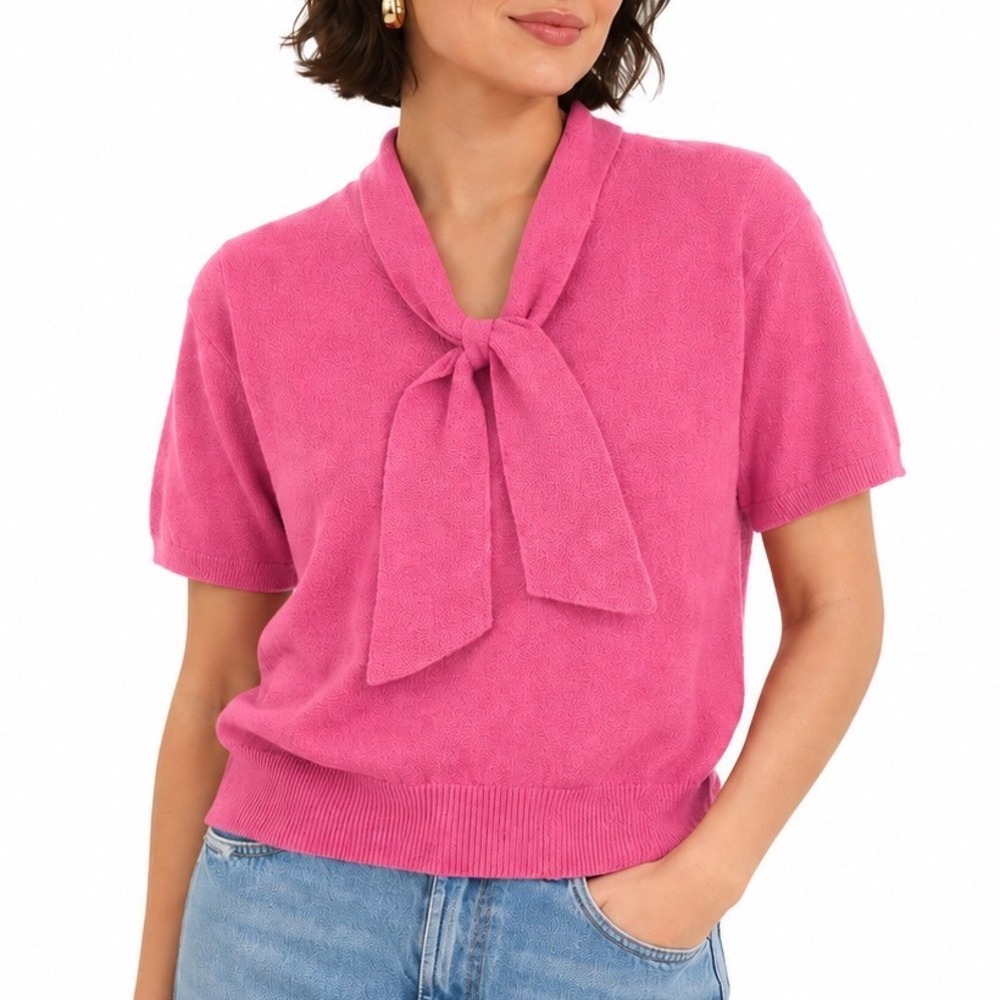 Vintage Shimmer-Skimmer Pink Tie Neck Knit Sailor Top Short Sleeve Metallic M